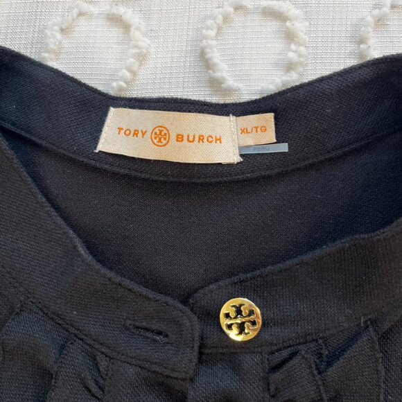 Tory Burch Shirt Women's XL Black Ruffle Accent Short Sleeve Blouse Gold Buttons - Picture 4 of 6
